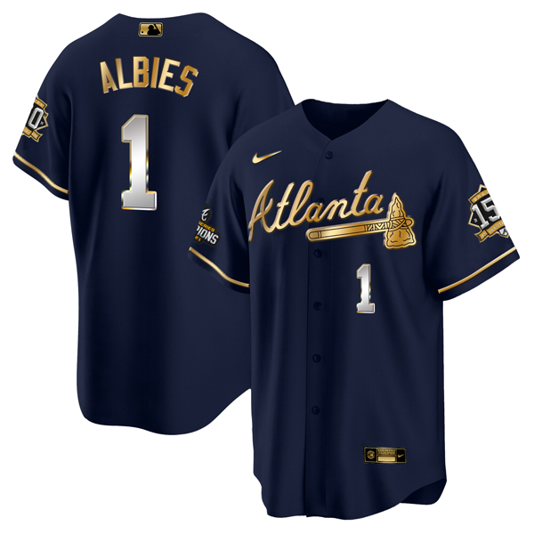 Men's Atlanta Braves #1 Ozzie Albies 2021 Navy/Gold World Series Champions With 150th Anniversary Patch Cool Base Stitched Jersey